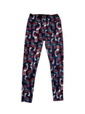LuLaRoe OS Peacock Black Leggings with Multicolor Print